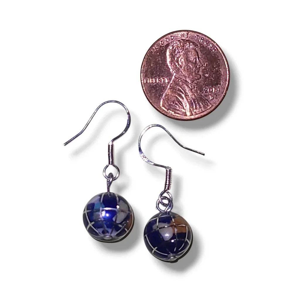 Sterling Silver Lapis Lazuli Inlay World Globe Dangle Earrings Planet Earth